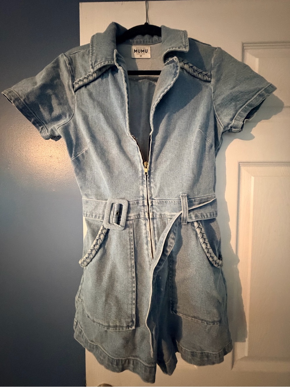 Show Me Your MuMu Light Blue Denim Short-Sleeve Belted Romper Jacket